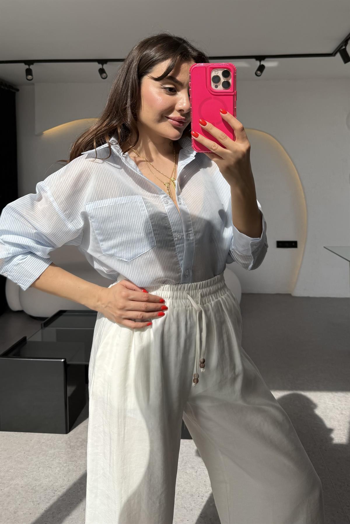 Catty Mavi Transparan Çizgili Gömlek