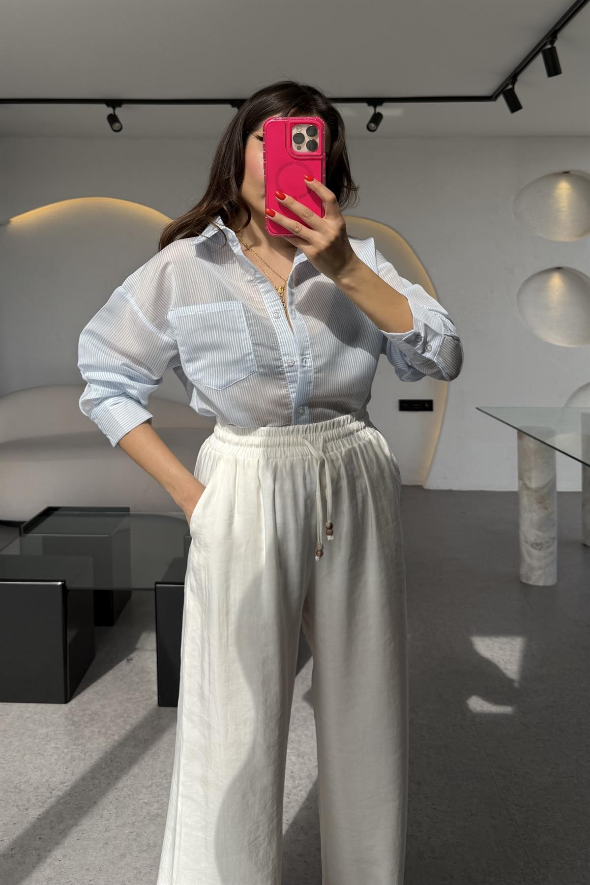 Catty Mavi Transparan Çizgili Gömlek