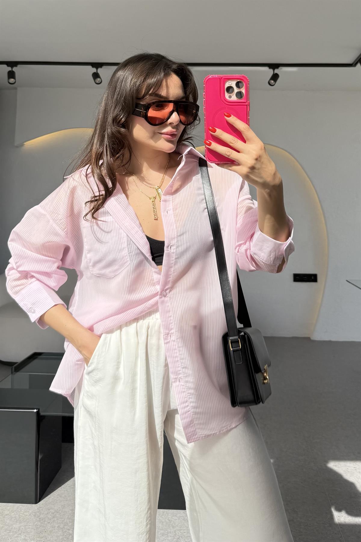 Catty Pembe Transparan Çizgili Gömlek