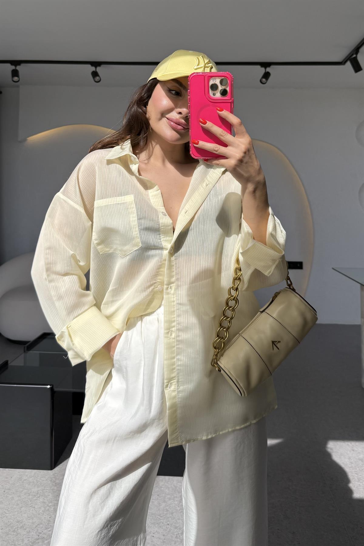 Catty Sarı Transparan Çizgili Gömlek