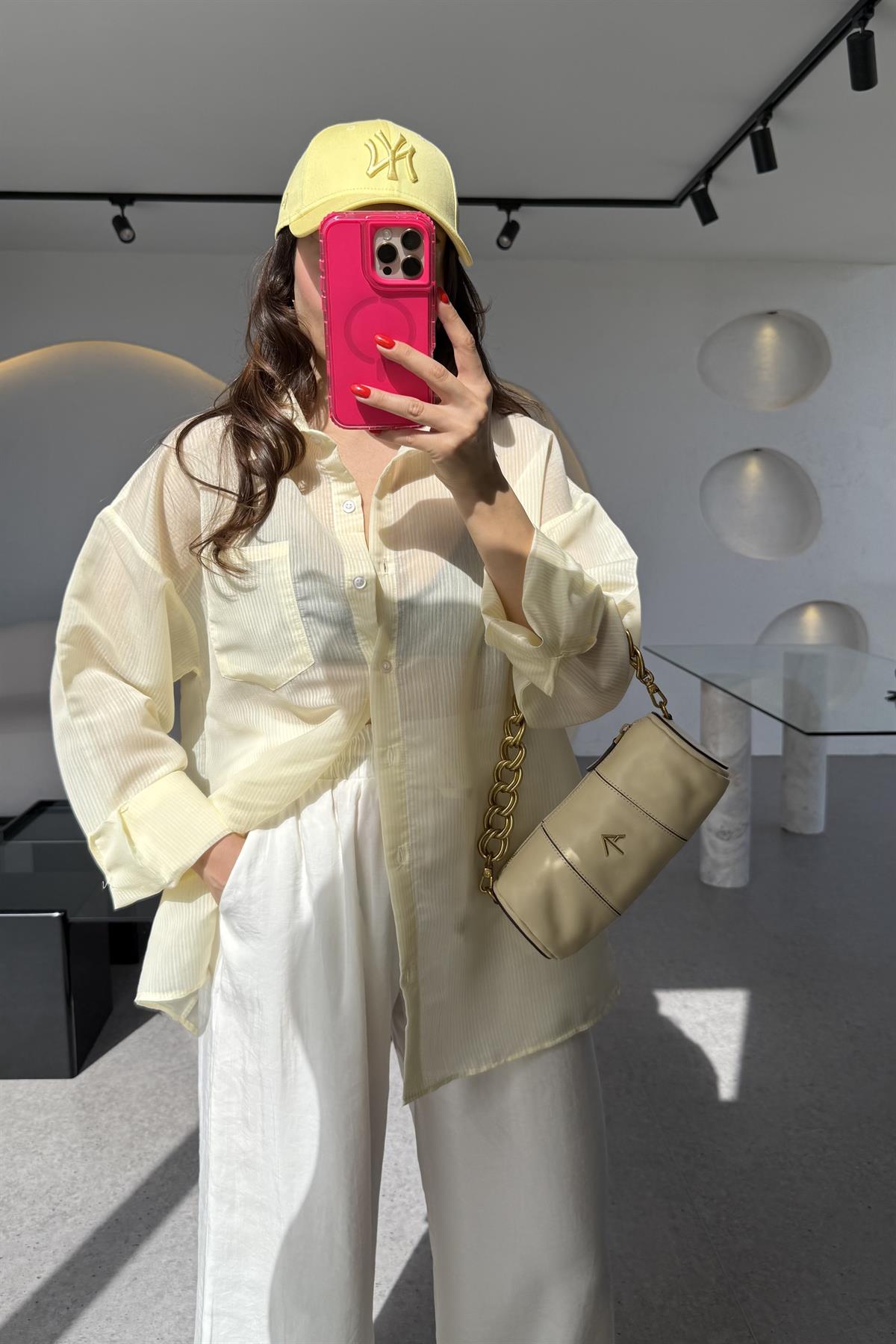 Catty Sarı Transparan Çizgili Gömlek