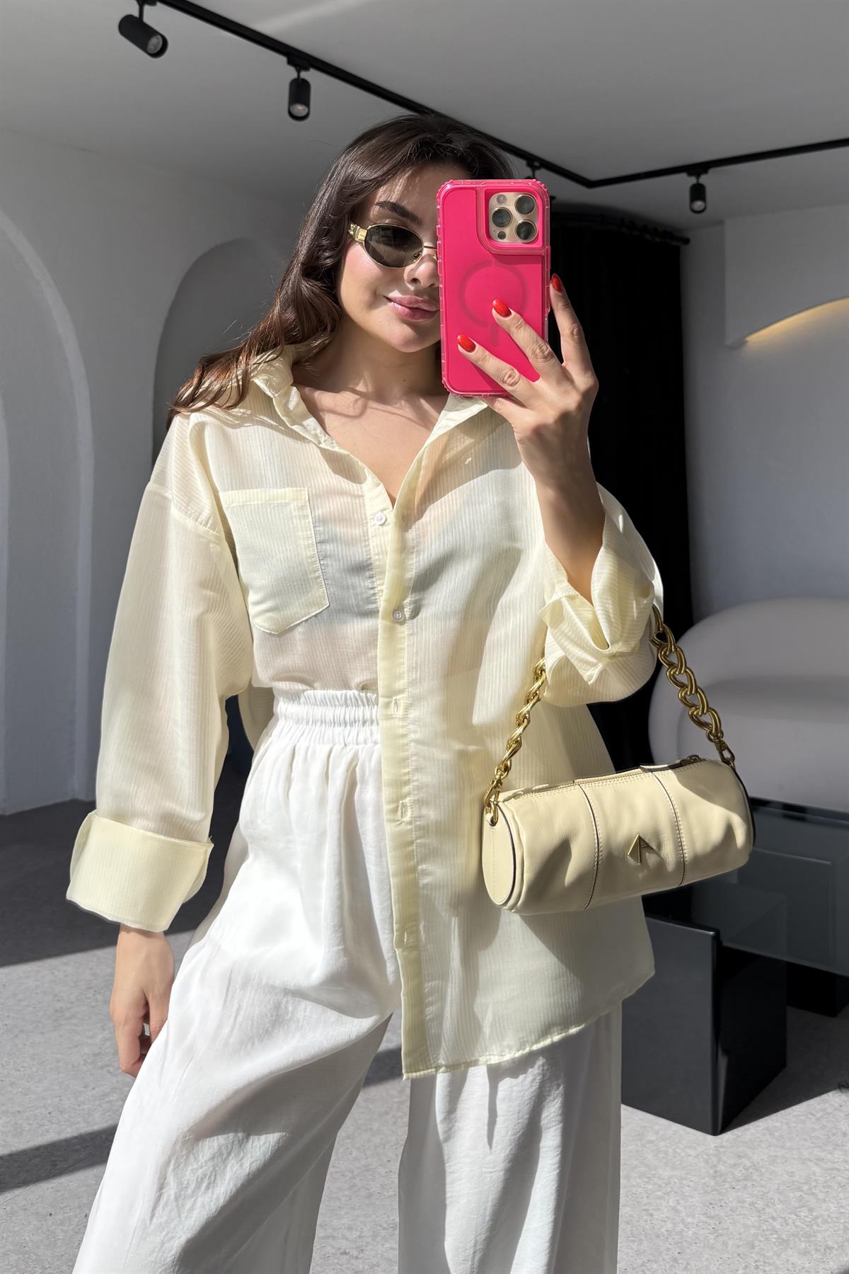 Catty Sarı Transparan Çizgili Gömlek