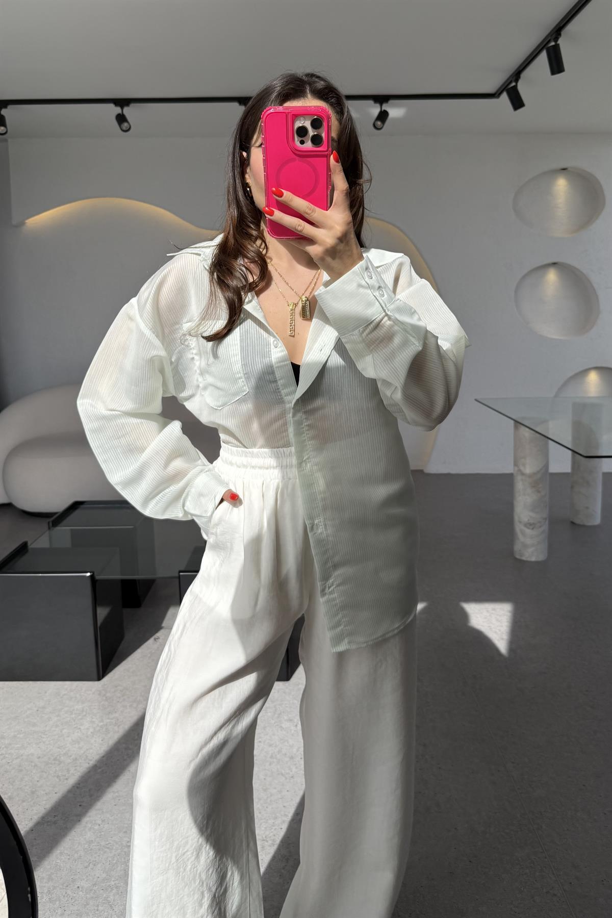 Catty Su Yeşili Transparan Çizgili Gömlek