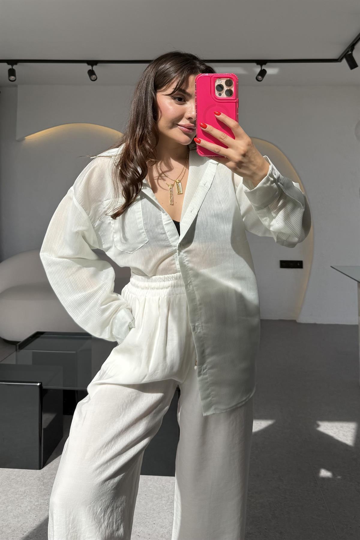 Catty Su Yeşili Transparan Çizgili Gömlek