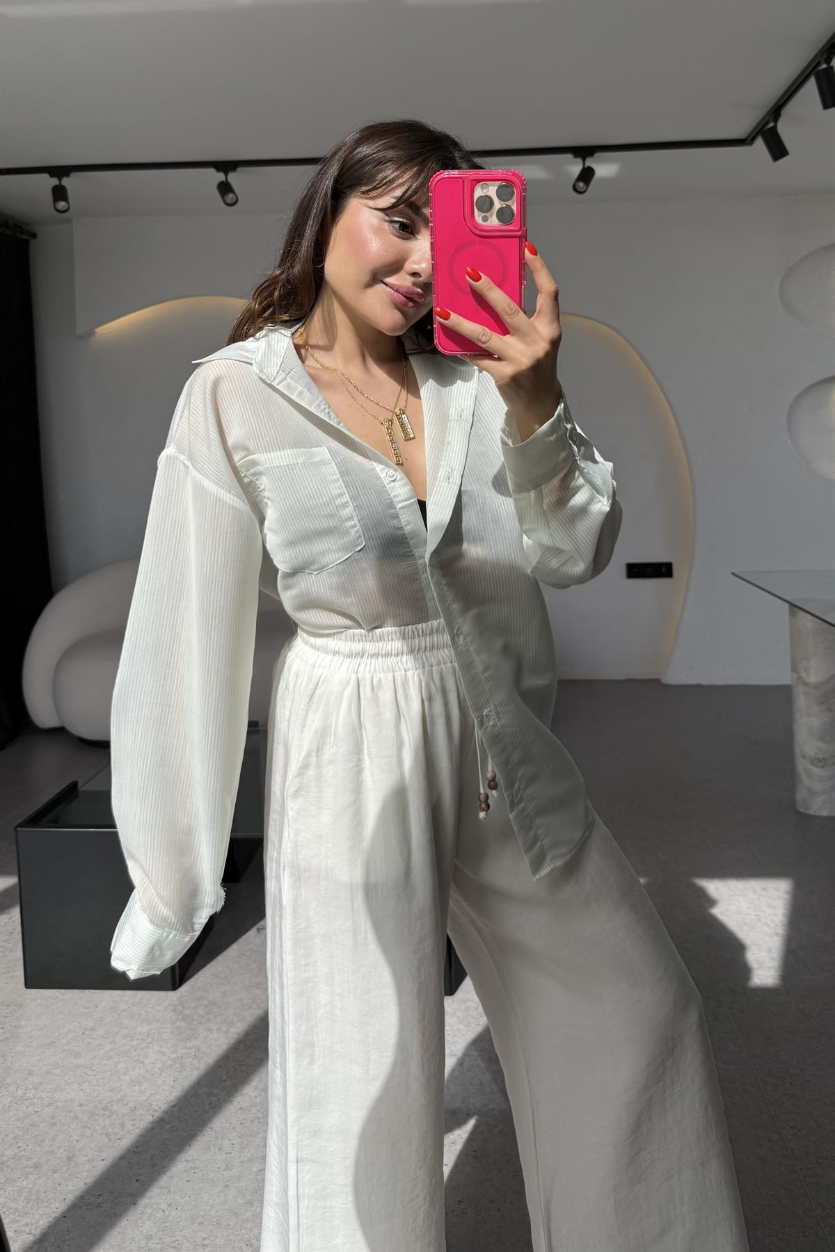 Catty Su Yeşili Transparan Çizgili Gömlek