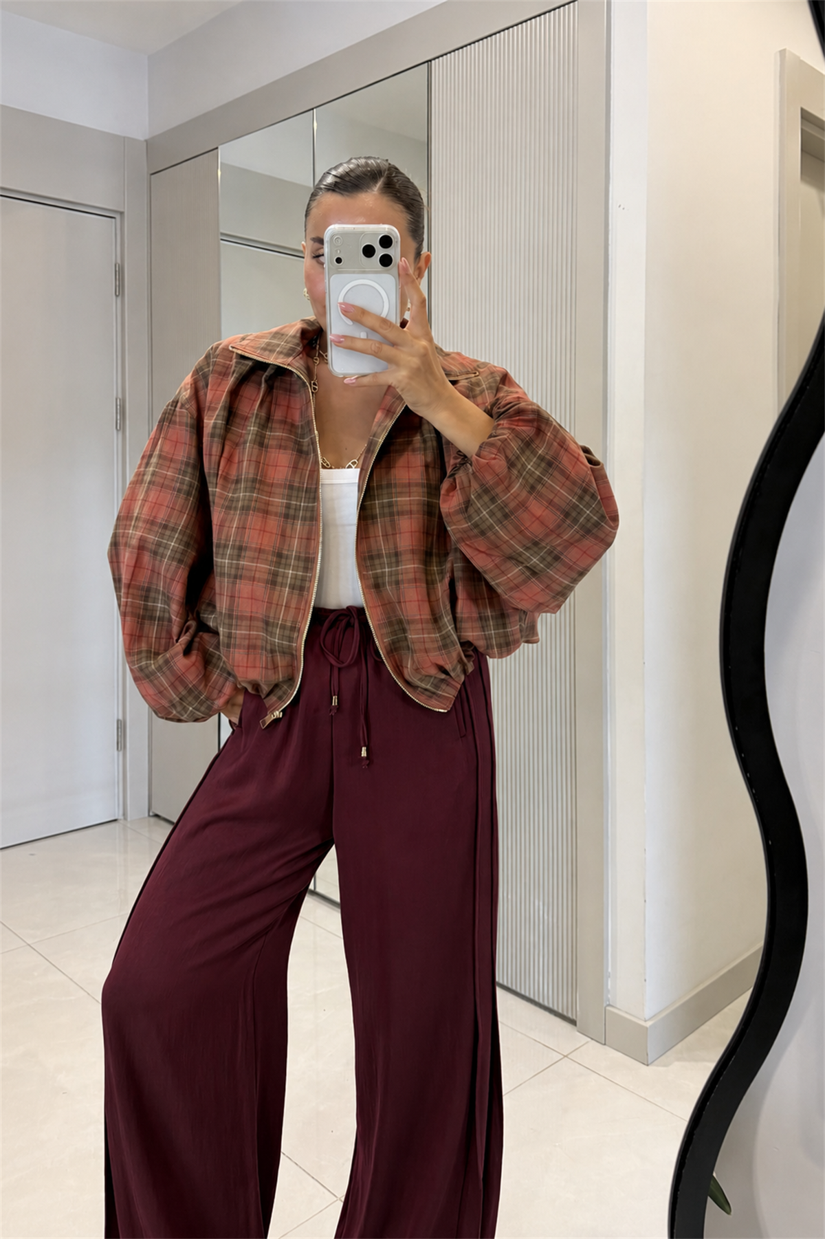 Cedric Bordo Beli Lastikli Geniş Paça Pantolon