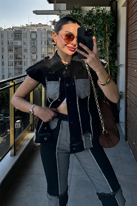 Celia Çift Renk Denim Yelekli Takım 