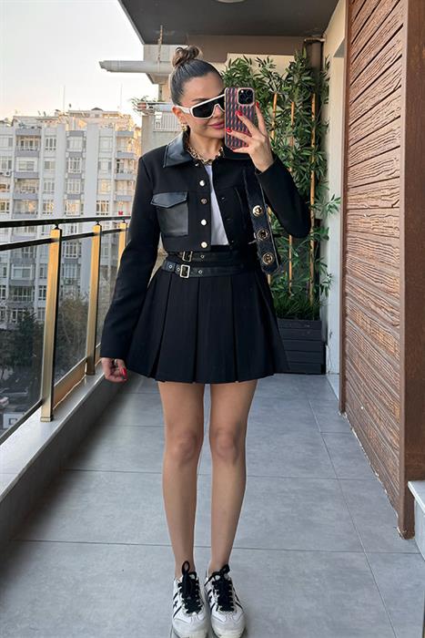 Celina Deri Karışımlı Ceket Etek Takım