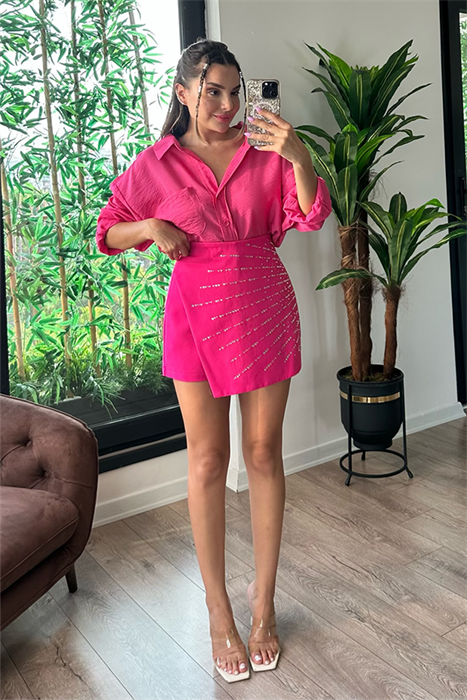 Celine full taşlı pembe şort etek