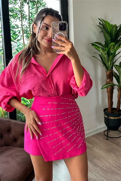 Celine full taşlı pembe şort etek