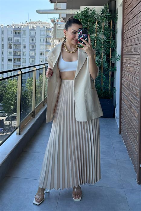 Cesy Pileli Midi Etek - Krem