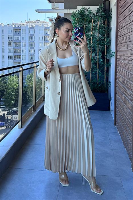 Cesy Pileli Midi Etek - Krem