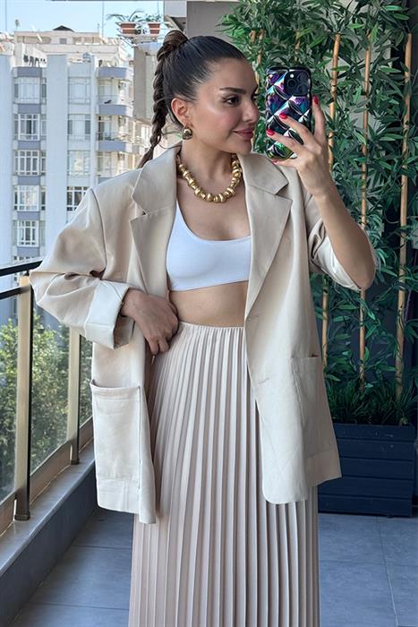 Cesy Pileli Midi Etek - Krem