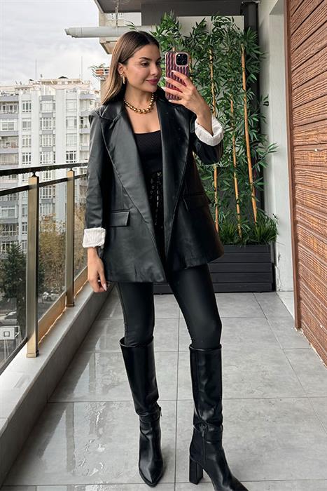 Cetta Siyah Deri Blazer Ceket