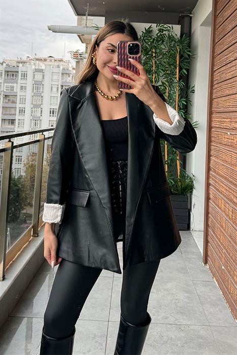 Cetta Siyah Deri Blazer Ceket