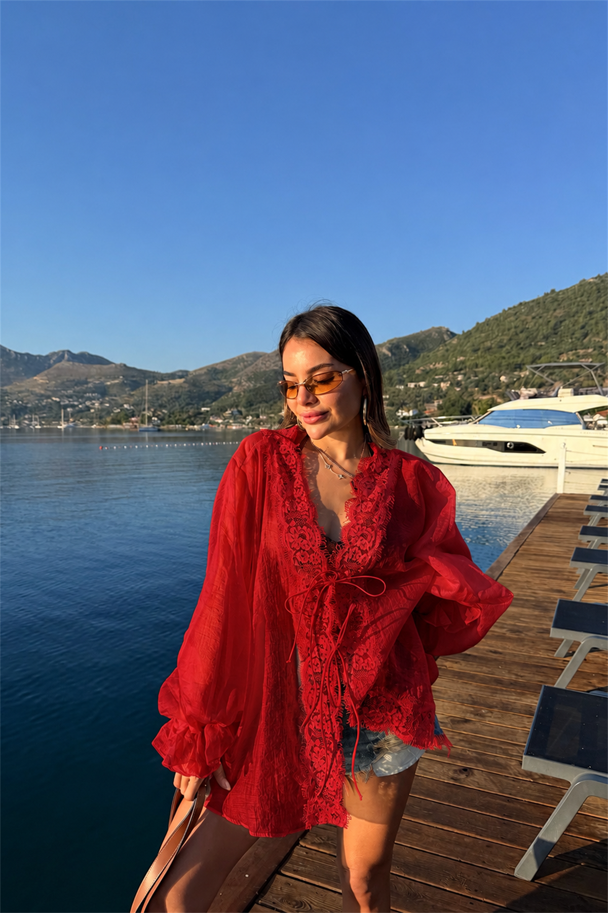 Chance Bordo Dantel Detaylı Tensel Kimono Gömlek