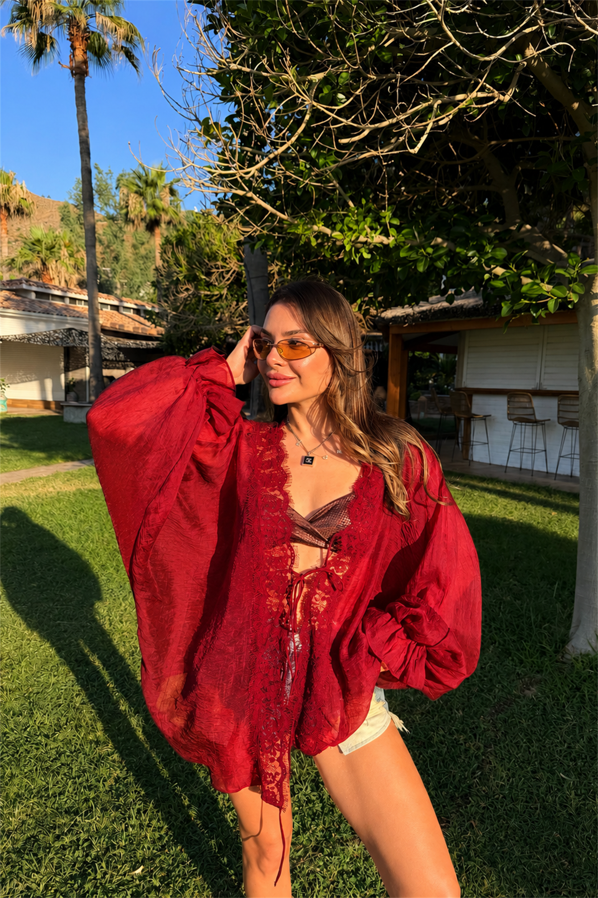 Chance Bordo Dantel Detaylı Tensel Kimono Gömlek