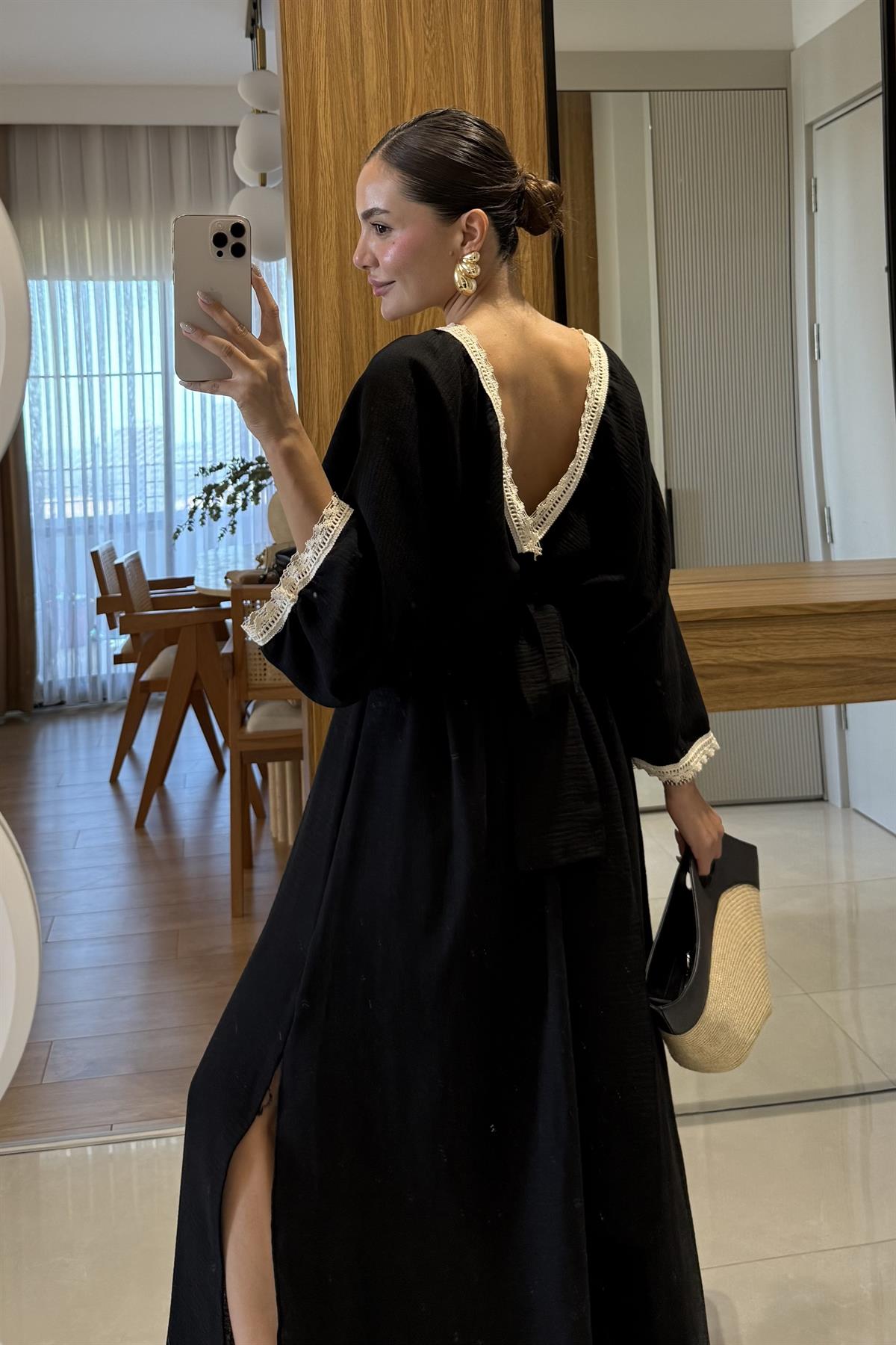 Chandra Siyah V Yaka Keten Elbise