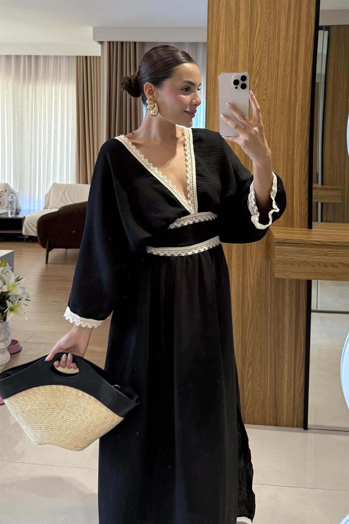 Chandra Siyah V Yaka Keten Elbise