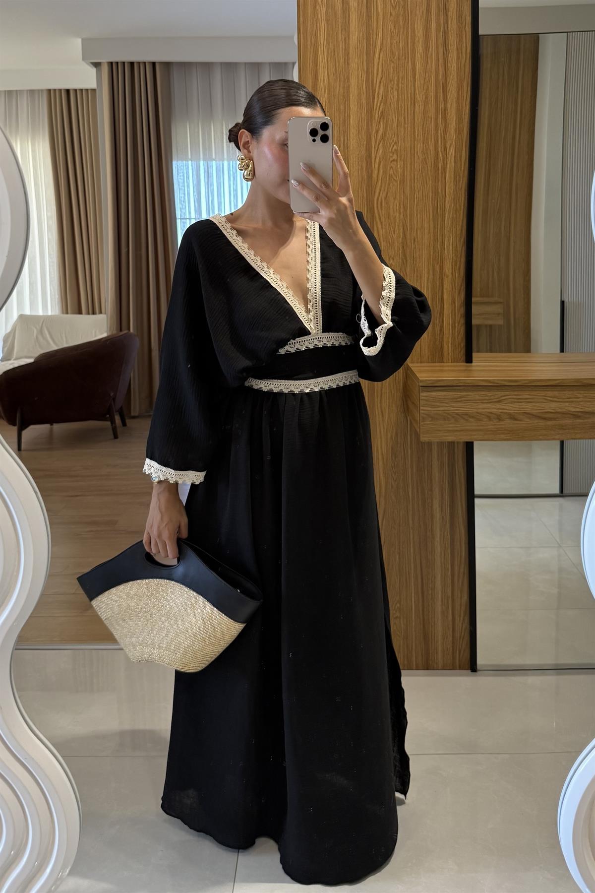 Chandra Siyah V Yaka Keten Elbise