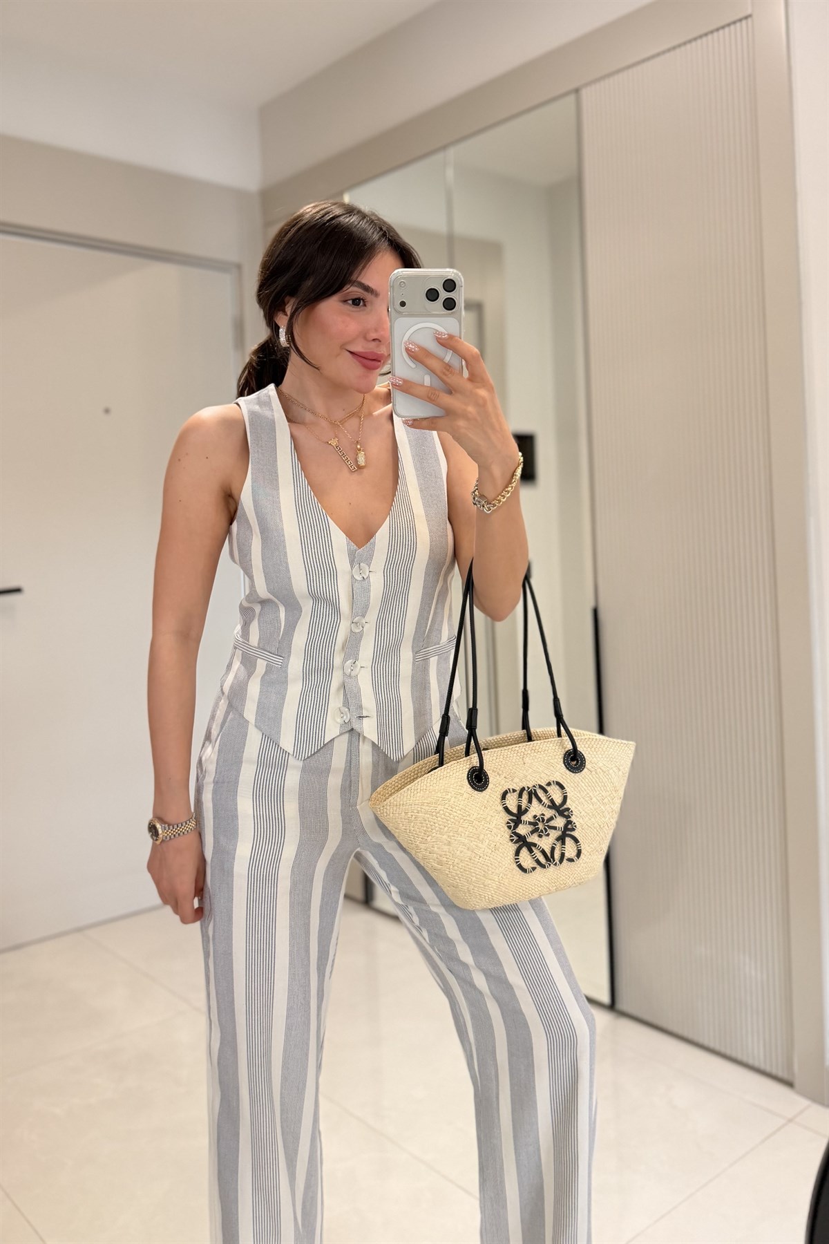 Change Yelekli Çizgili Keten Takım