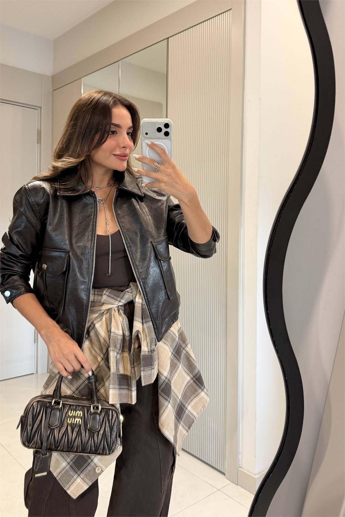 Charlotte Kahve Dokulu Vatkalı Deri Ceket