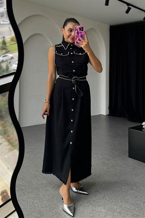 Charlotte Kolsuz Trok  Baskılı Gabardin Elbise-Siyah