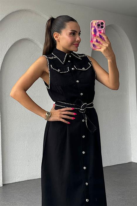 Charlotte Kolsuz Trok  Baskılı Gabardin Elbise-Siyah