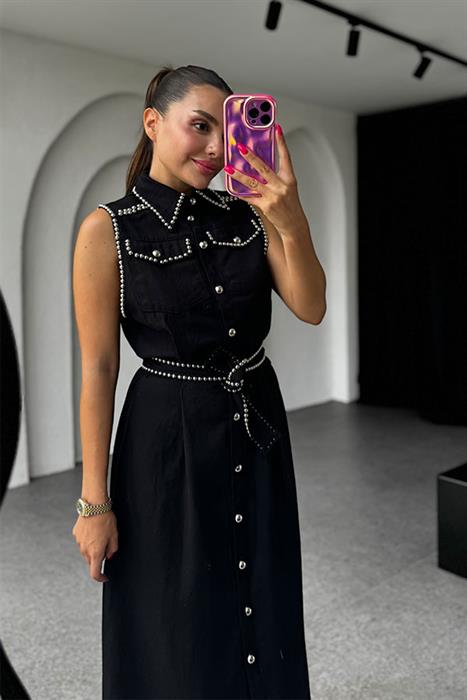 Charlotte Kolsuz Trok  Baskılı Gabardin Elbise-Siyah