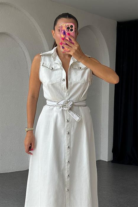 Charlotte Kolsuz Trok  Baskılı Gabardin Elbise-Beyaz