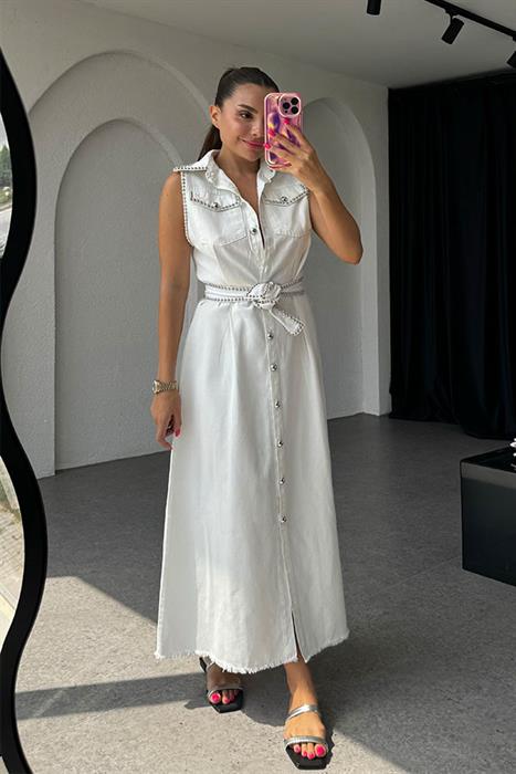 Charlotte Kolsuz Trok  Baskılı Gabardin Elbise-Beyaz