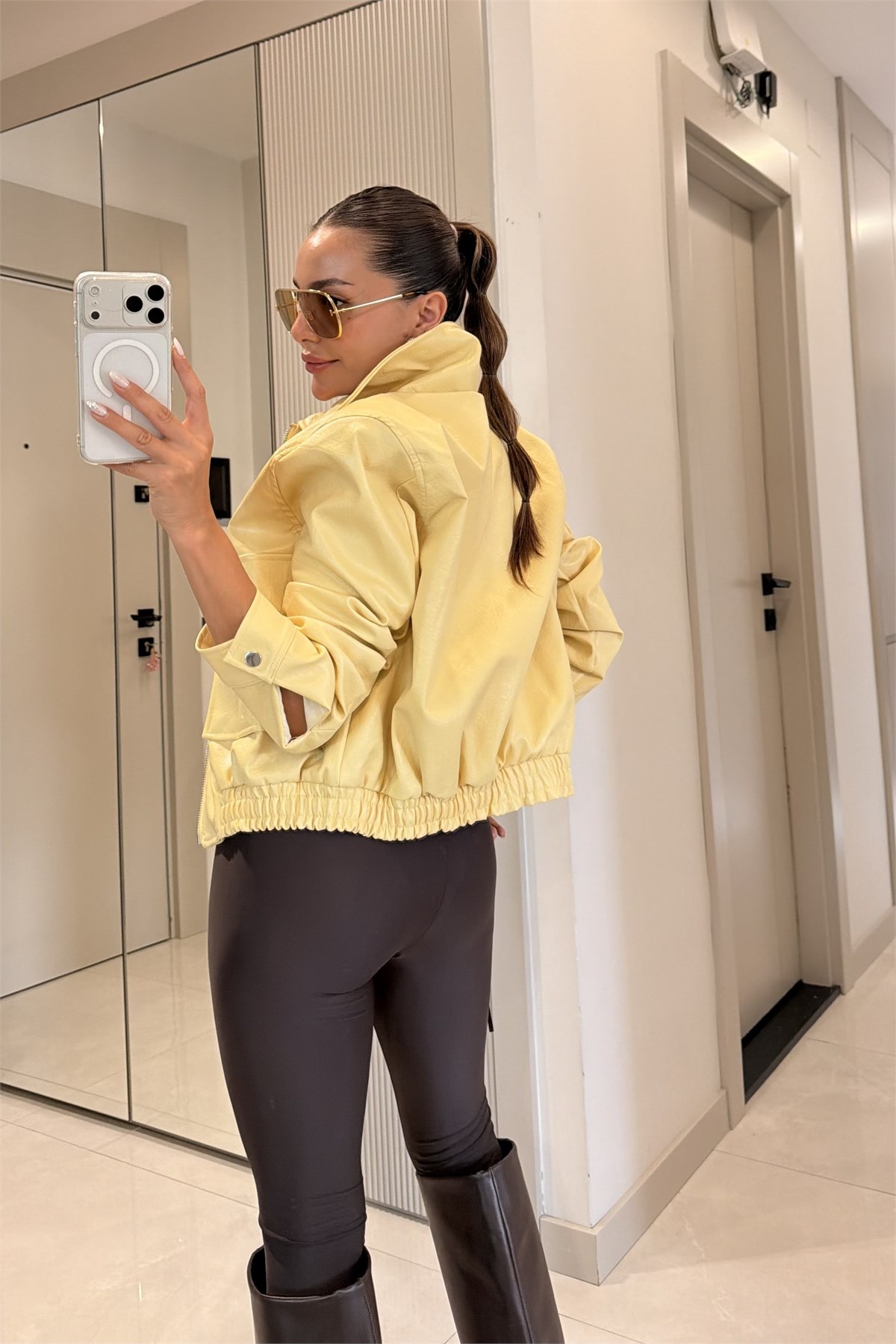Charlotte Sarı Dokulu Vatkalı Deri Ceket