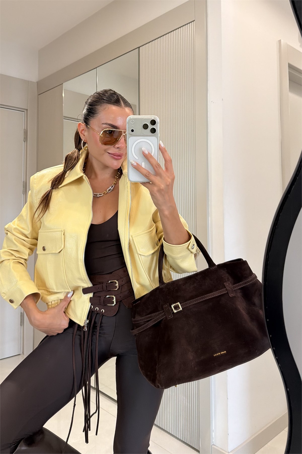 Charlotte Sarı Dokulu Vatkalı Deri Ceket