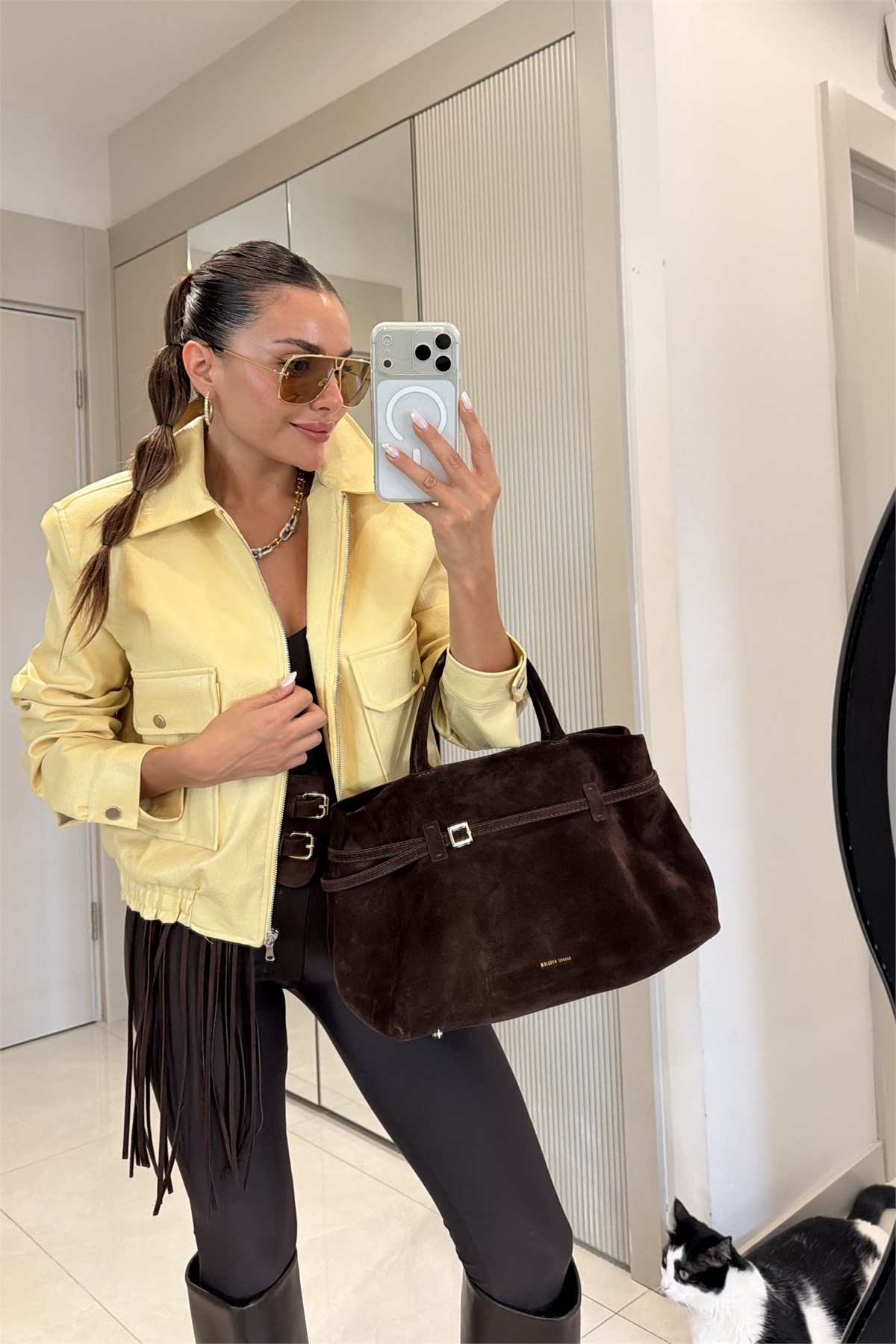Charlotte Sarı Dokulu Vatkalı Deri Ceket