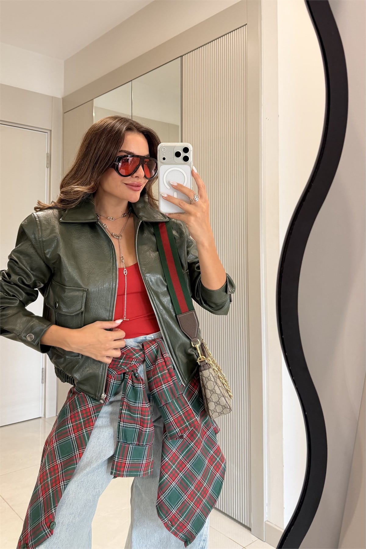 Charlotte Yeşil Dokulu Vatkalı Deri Ceket