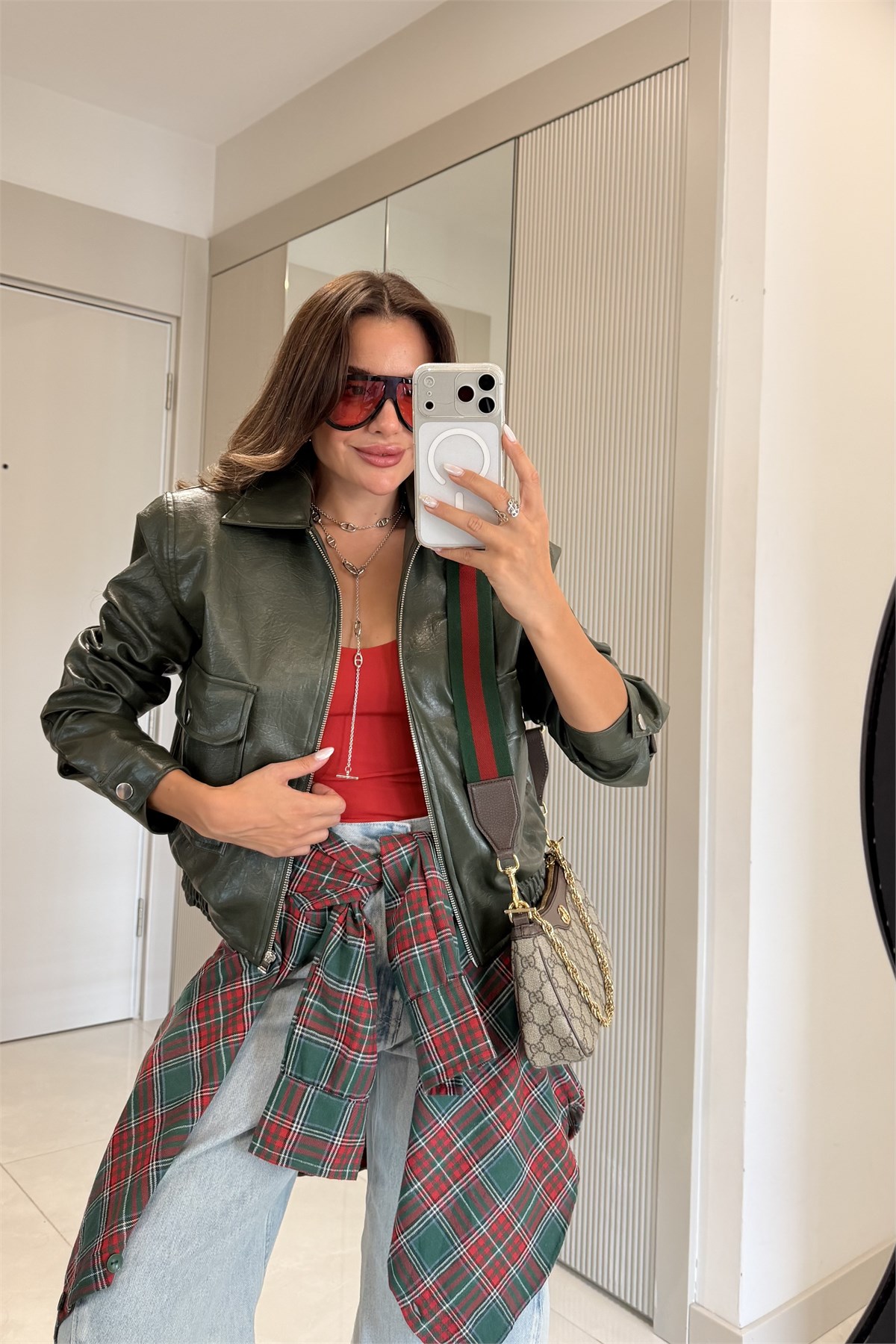 Charlotte Yeşil Dokulu Vatkalı Deri Ceket