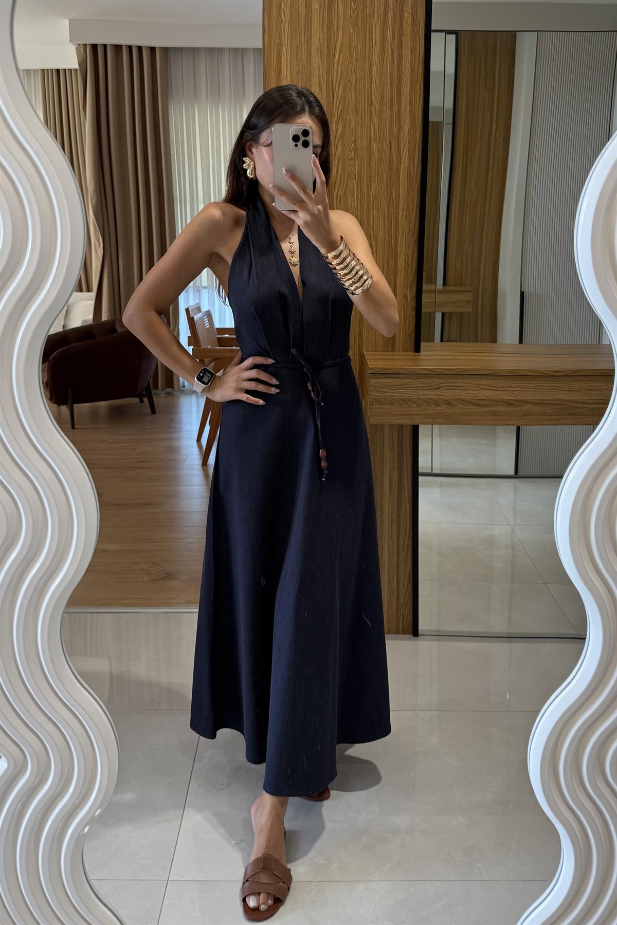 Charme Sırt Dekolte Detaylı Denim Elbise
