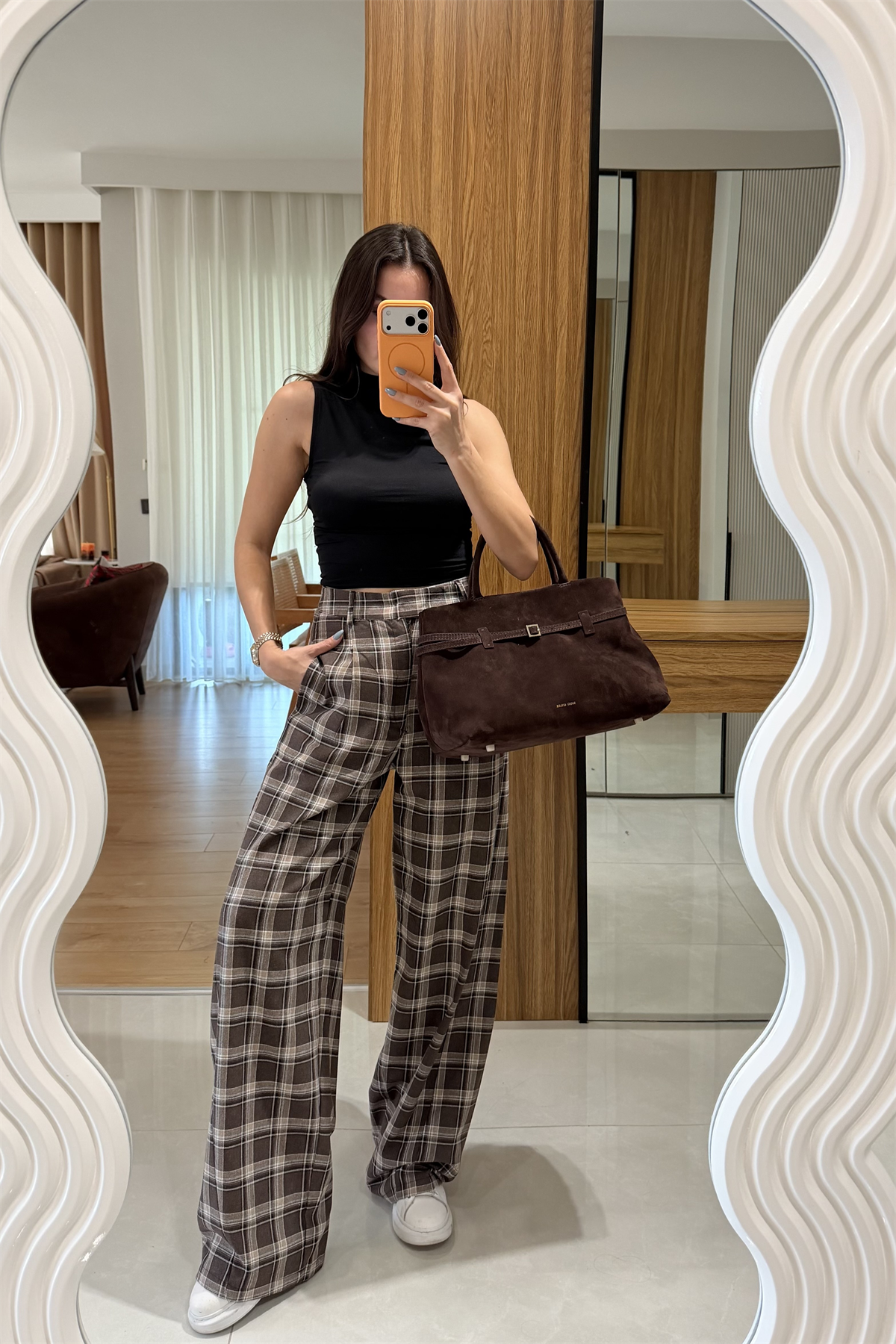 Chelsy Kahve Ekose Palazzo Pantolon