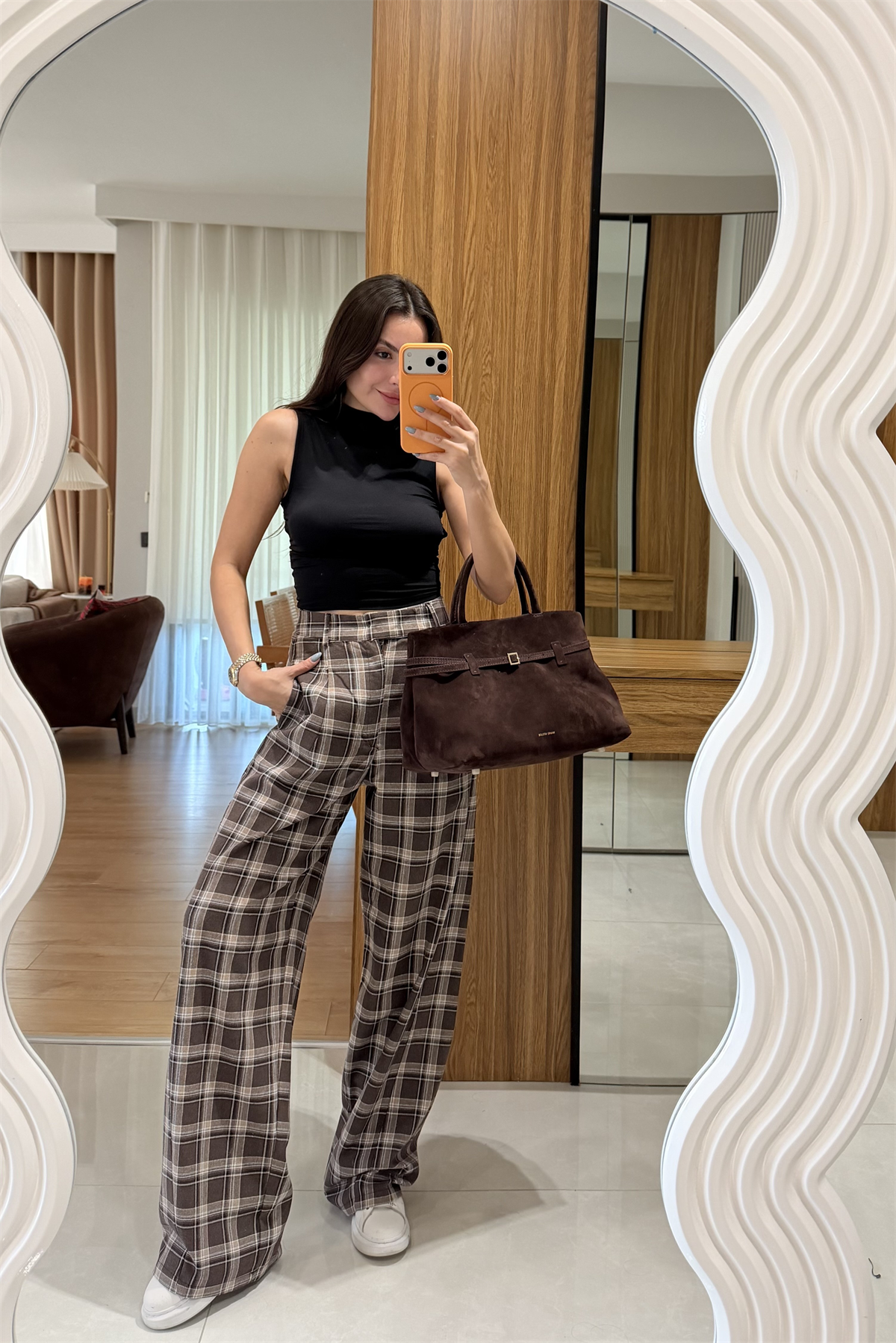 Chelsy Kahve Ekose Palazzo Pantolon