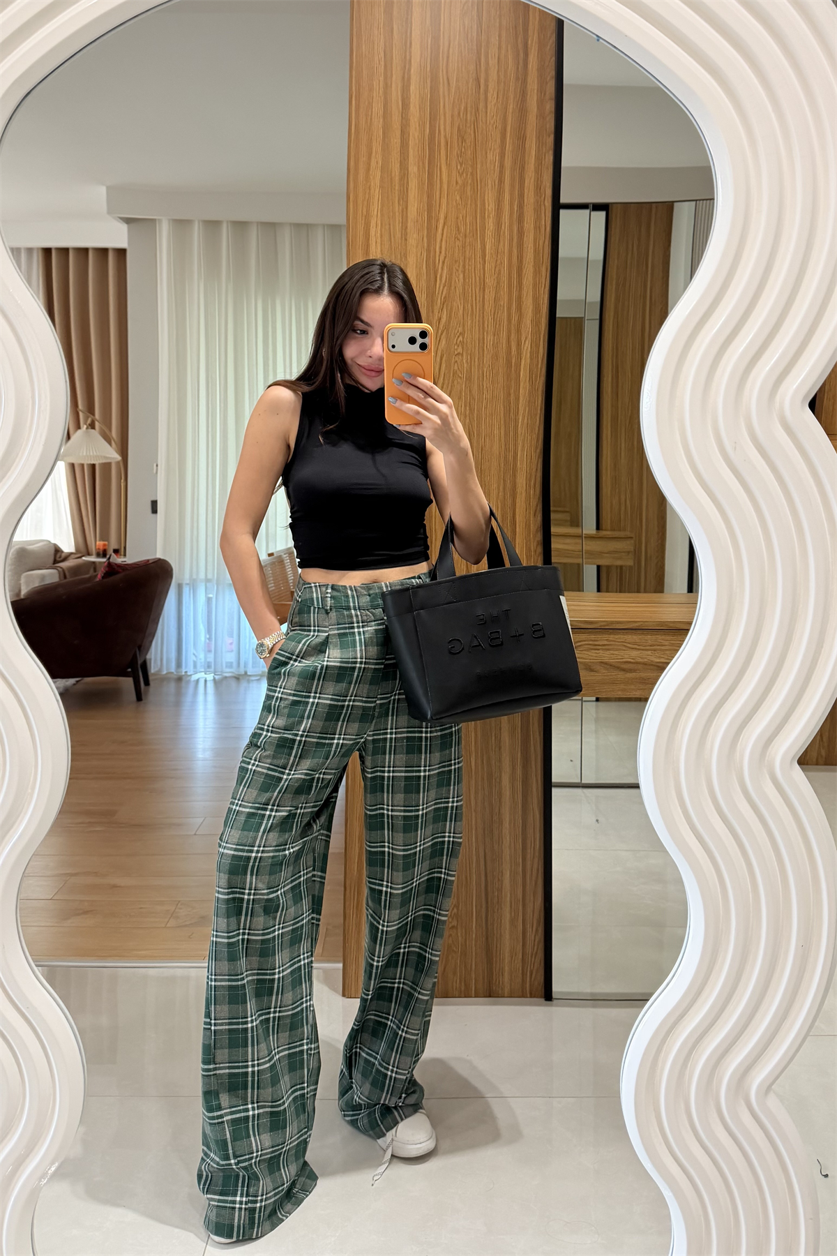 Chelsy Yeşil Ekose Palazzo Pantolon