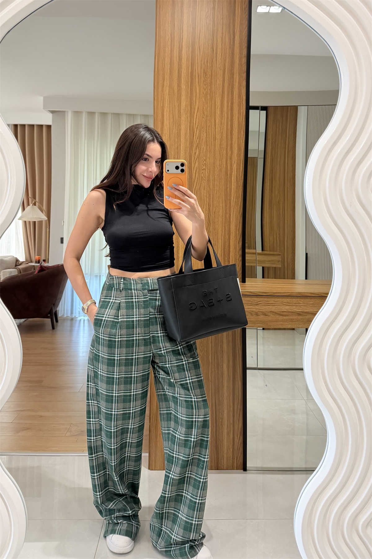 Chelsy Yeşil Ekose Palazzo Pantolon