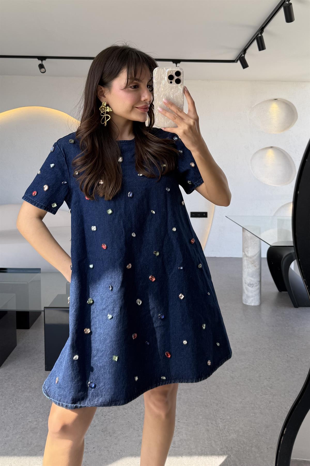 Chema Renkli Taşlı Denim Elbise