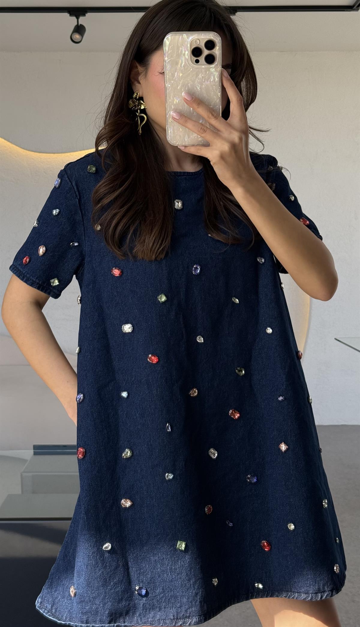 Chema Renkli Taşlı Denim Elbise