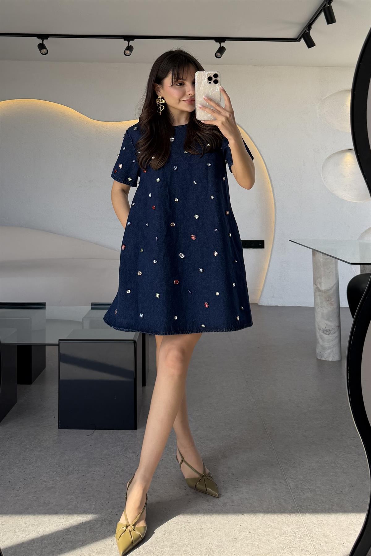 Chema Renkli Taşlı Denim Elbise