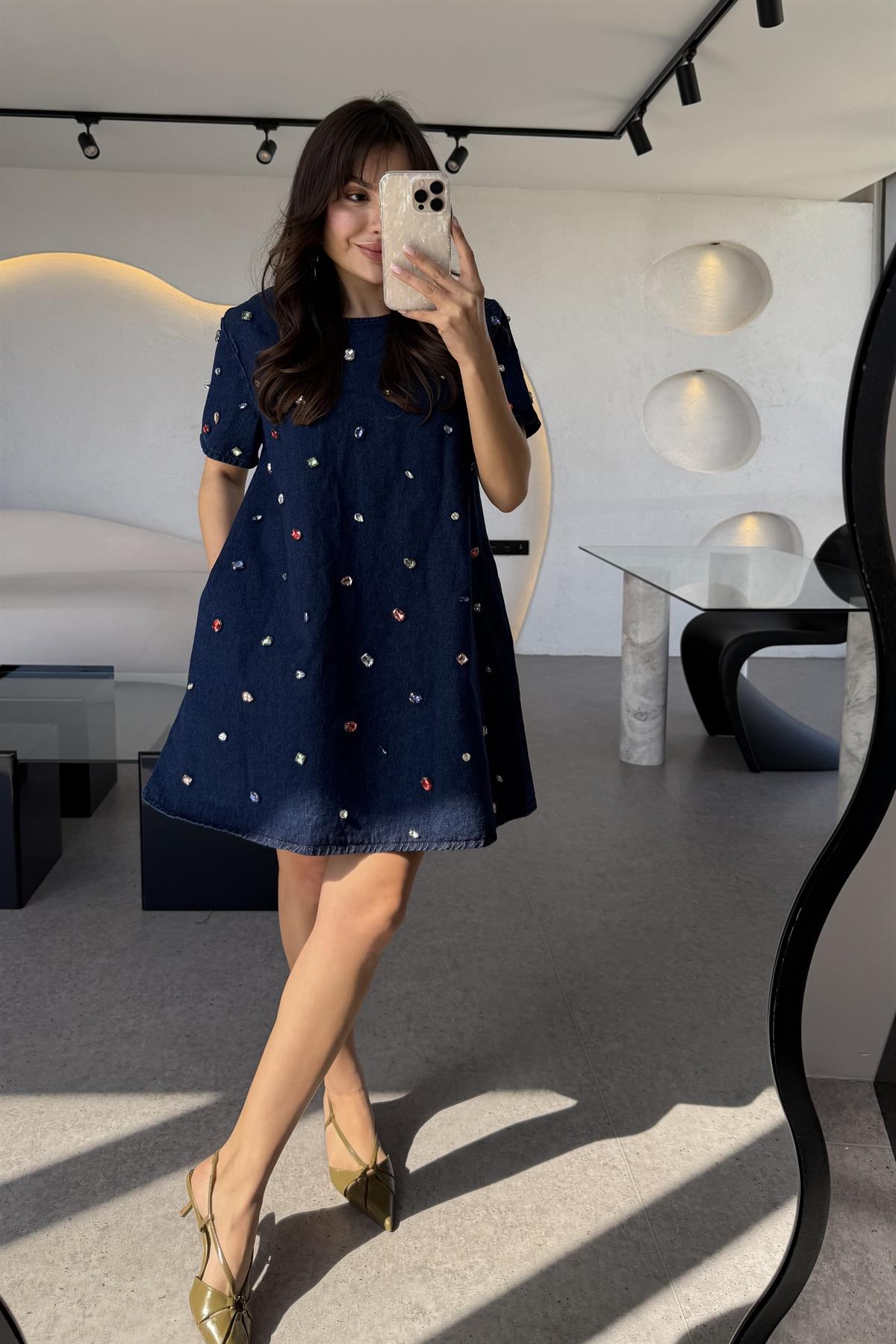 Chema Renkli Taşlı Denim Elbise