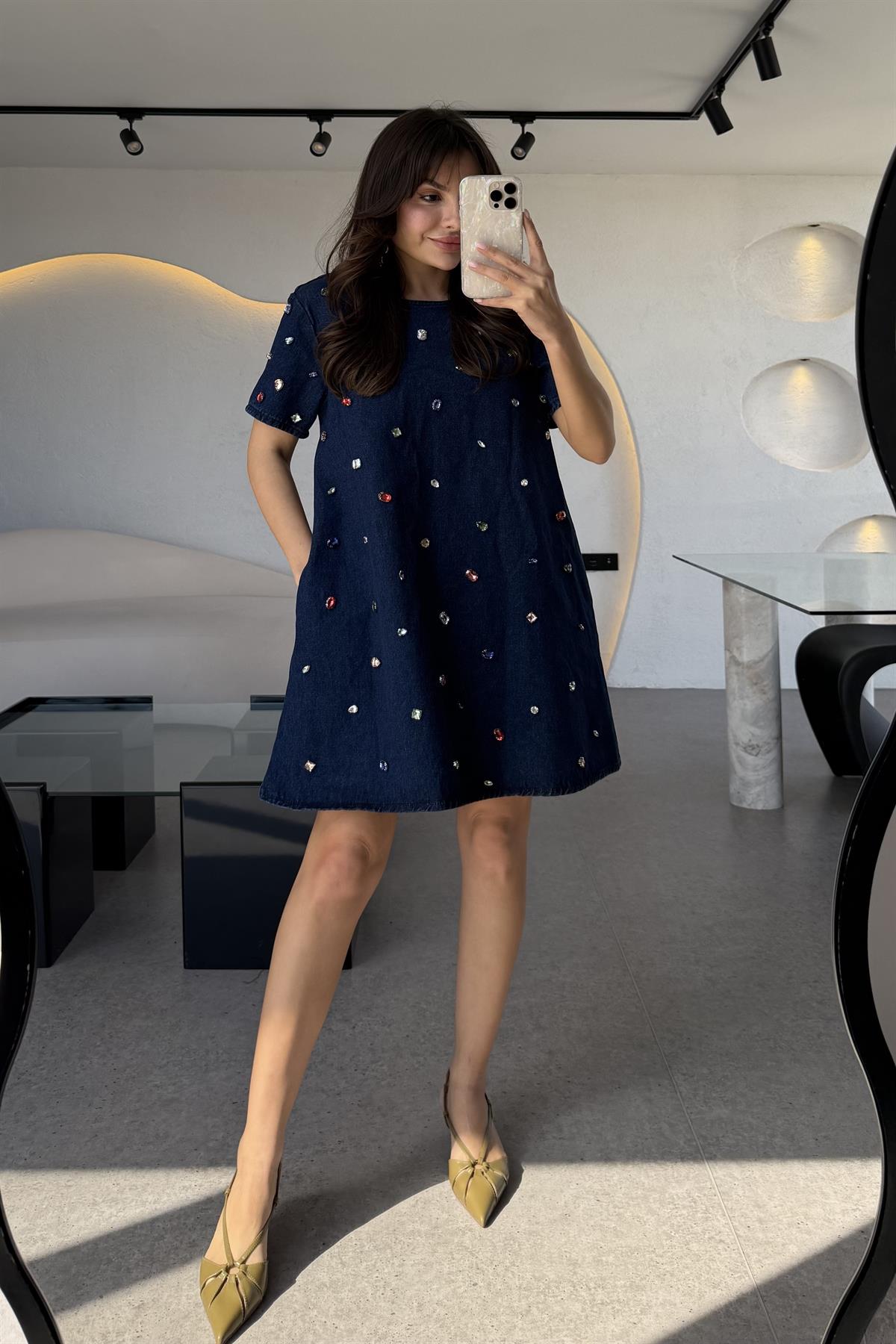 Chema Renkli Taşlı Denim Elbise