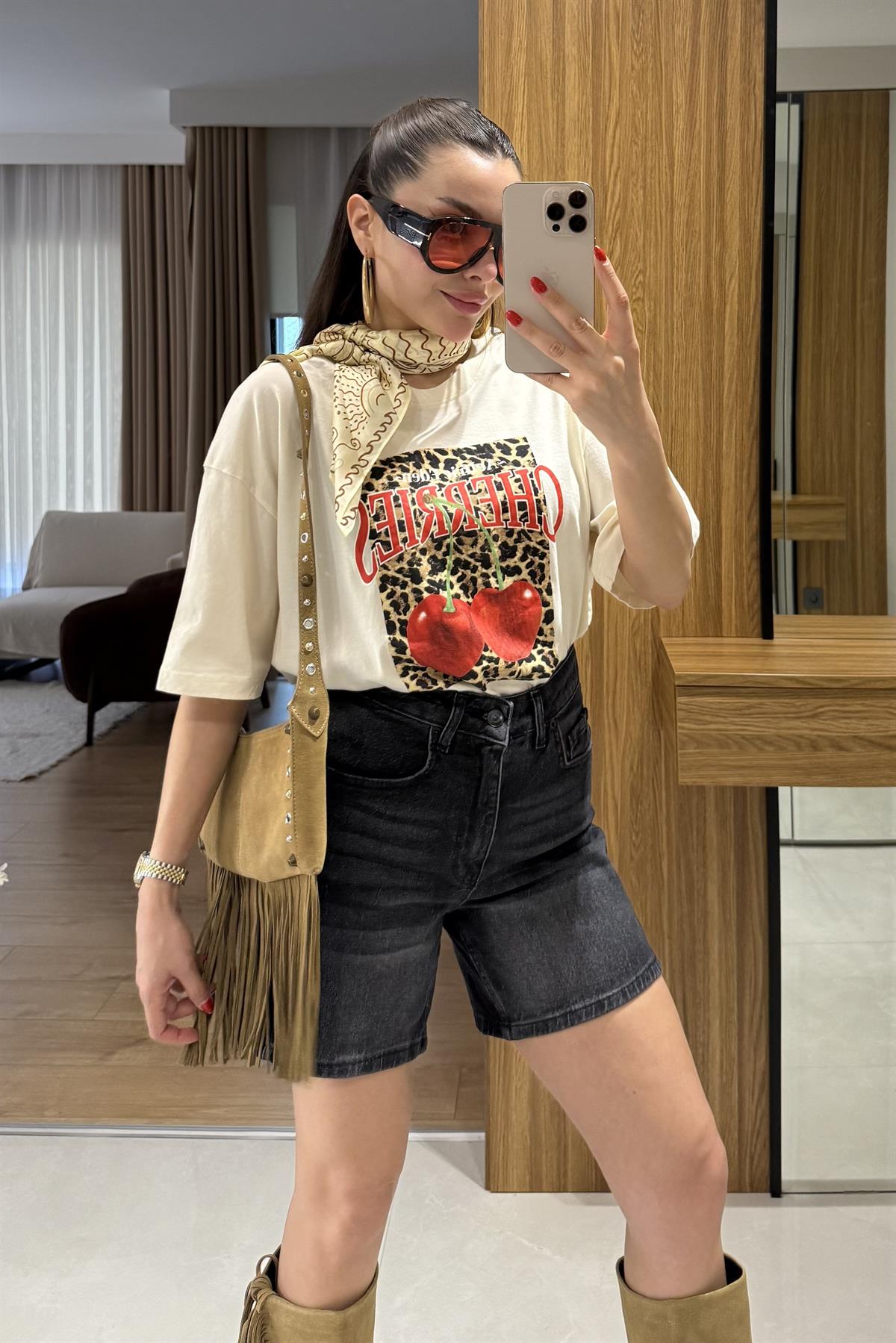 Cherries Ekru Leopar Bakılı Tshirt