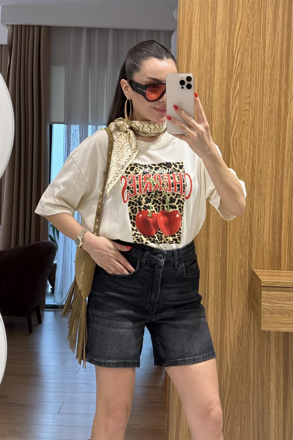 Cherries Ekru Leopar Bakılı Tshirt
