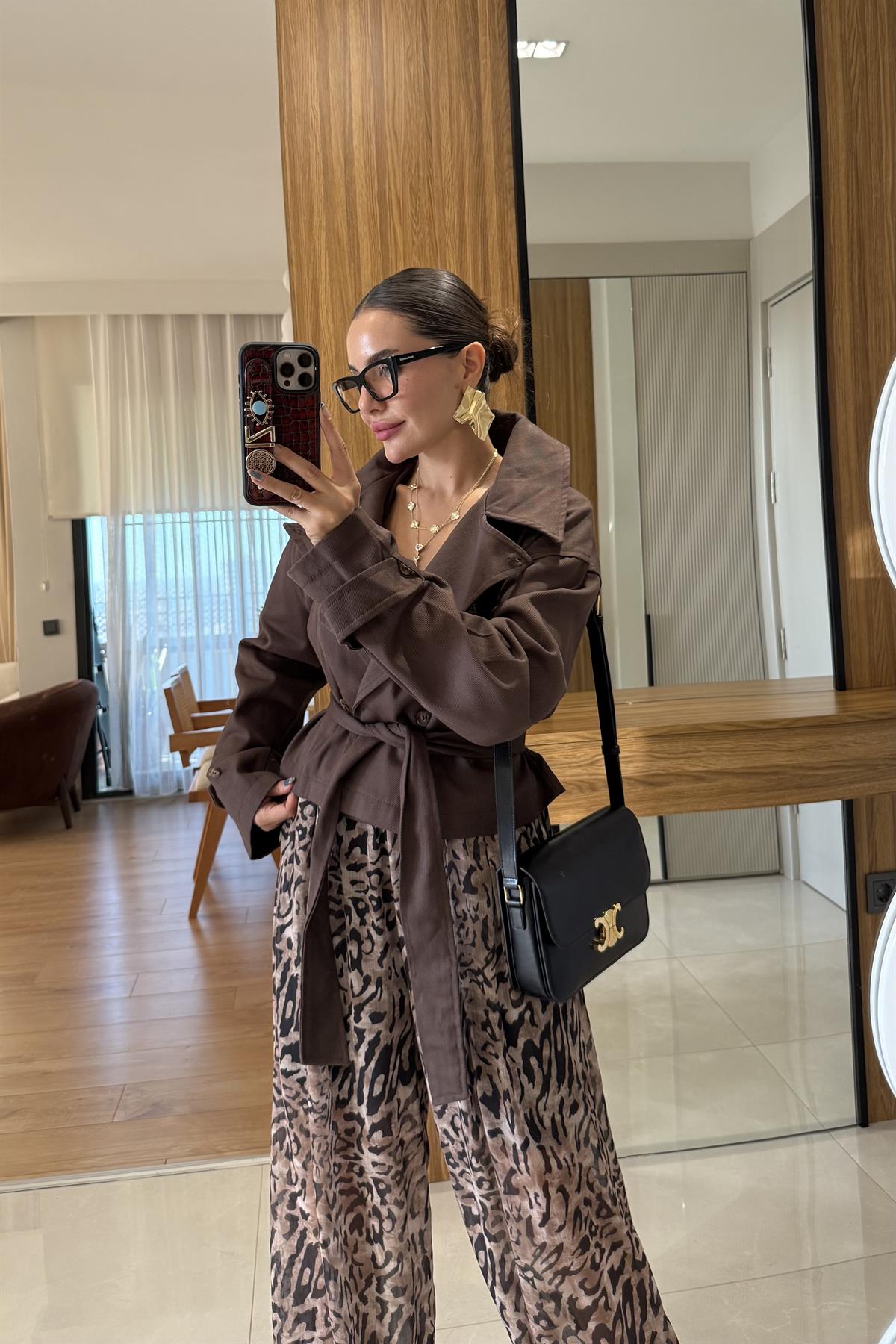 Chery Acı Kahve Gabardin Kuşaklı Kısa Trenç