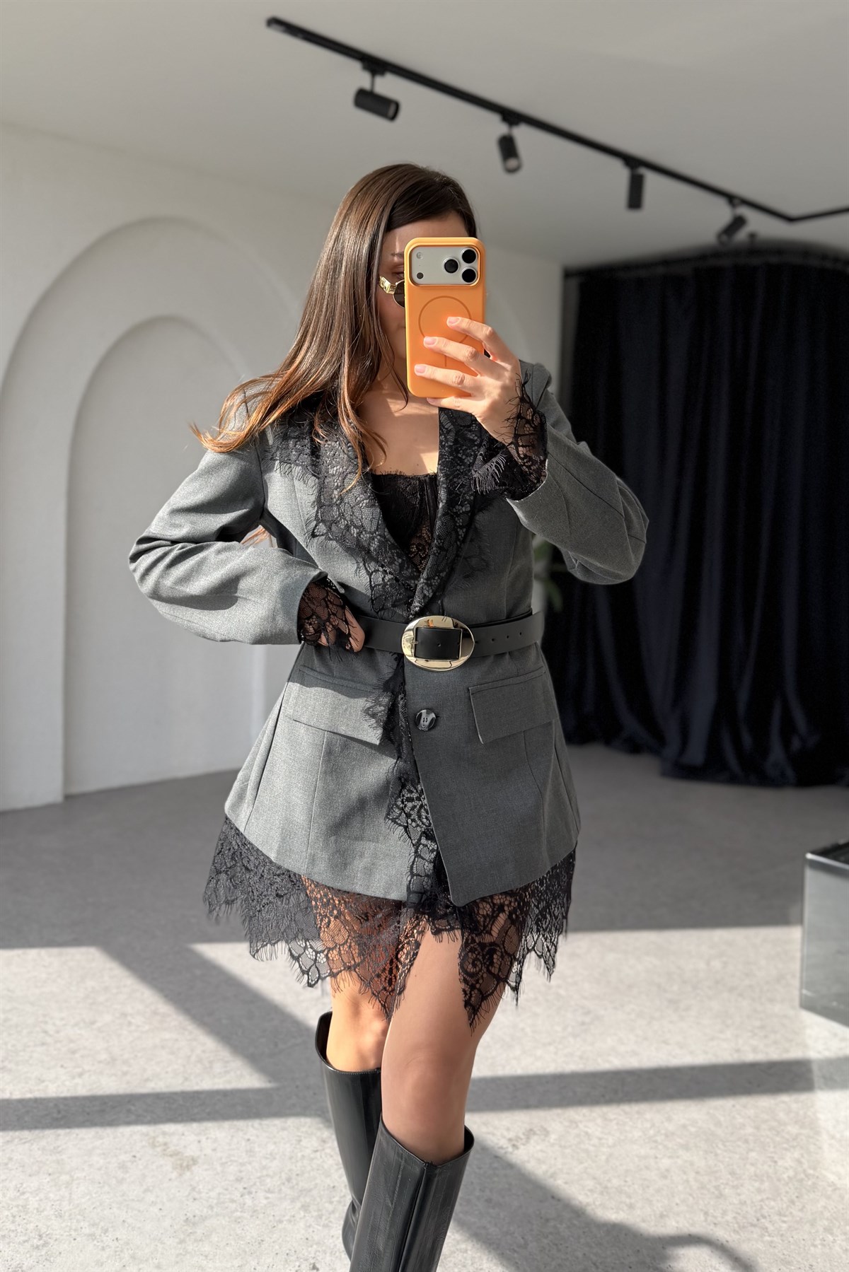 Chester Antrasit Dantel Blazer Ceket